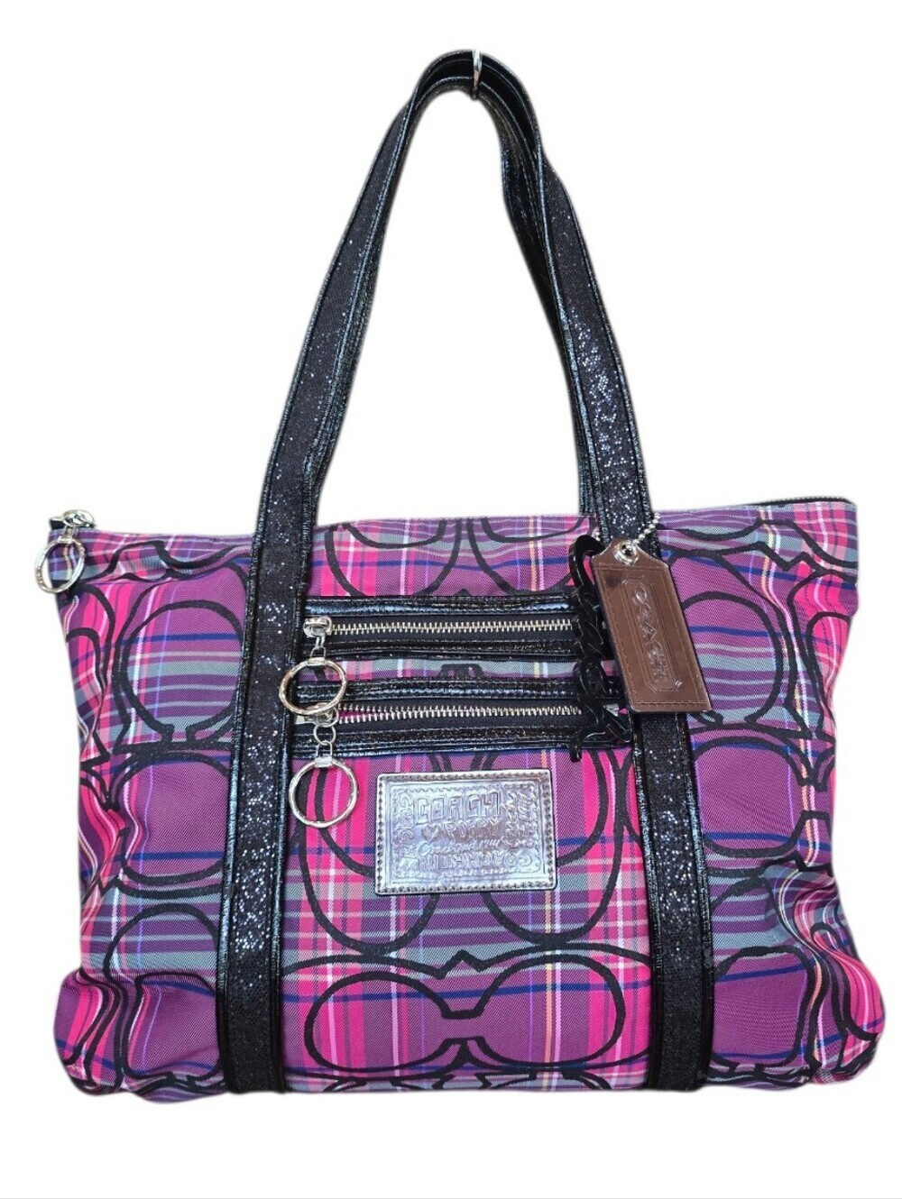 Coach Poppy Tartan Plaid Glam Purple Magenta Black Tote Bag